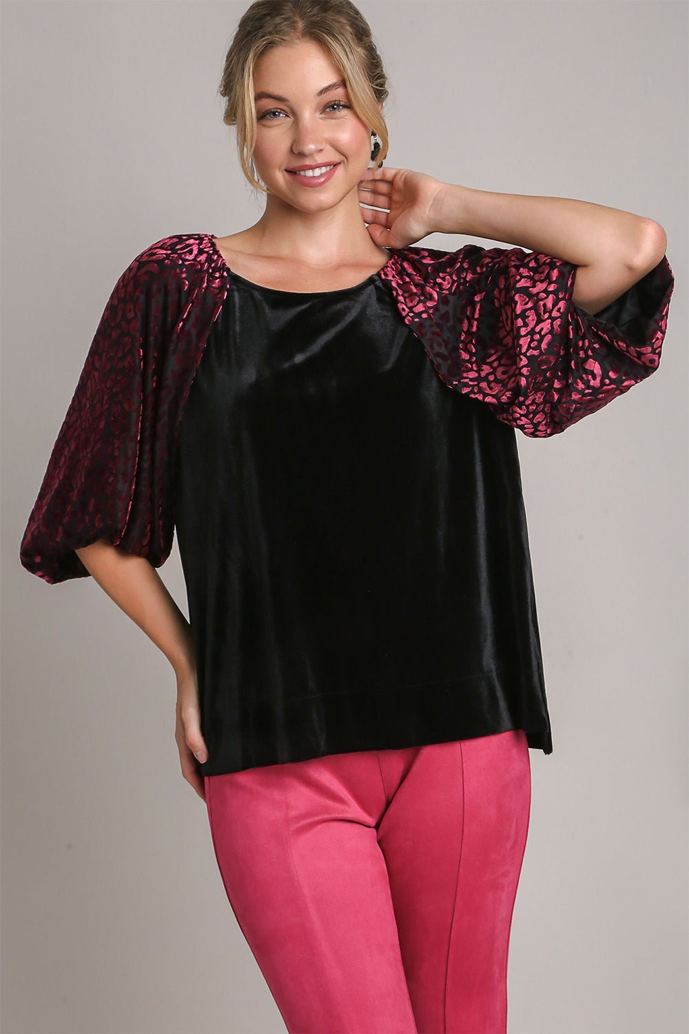 UMGEE - Black Leopard Burnout Balloon Sleeve Velvet Top