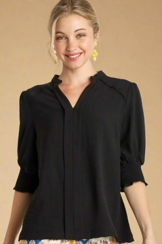 UMGEE - Black Notch Neck Puff Sleeve Blouse