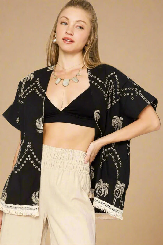 UMGEE - Black Palm Tree Embroidered Kimono Cardigan with Fringe Trim
