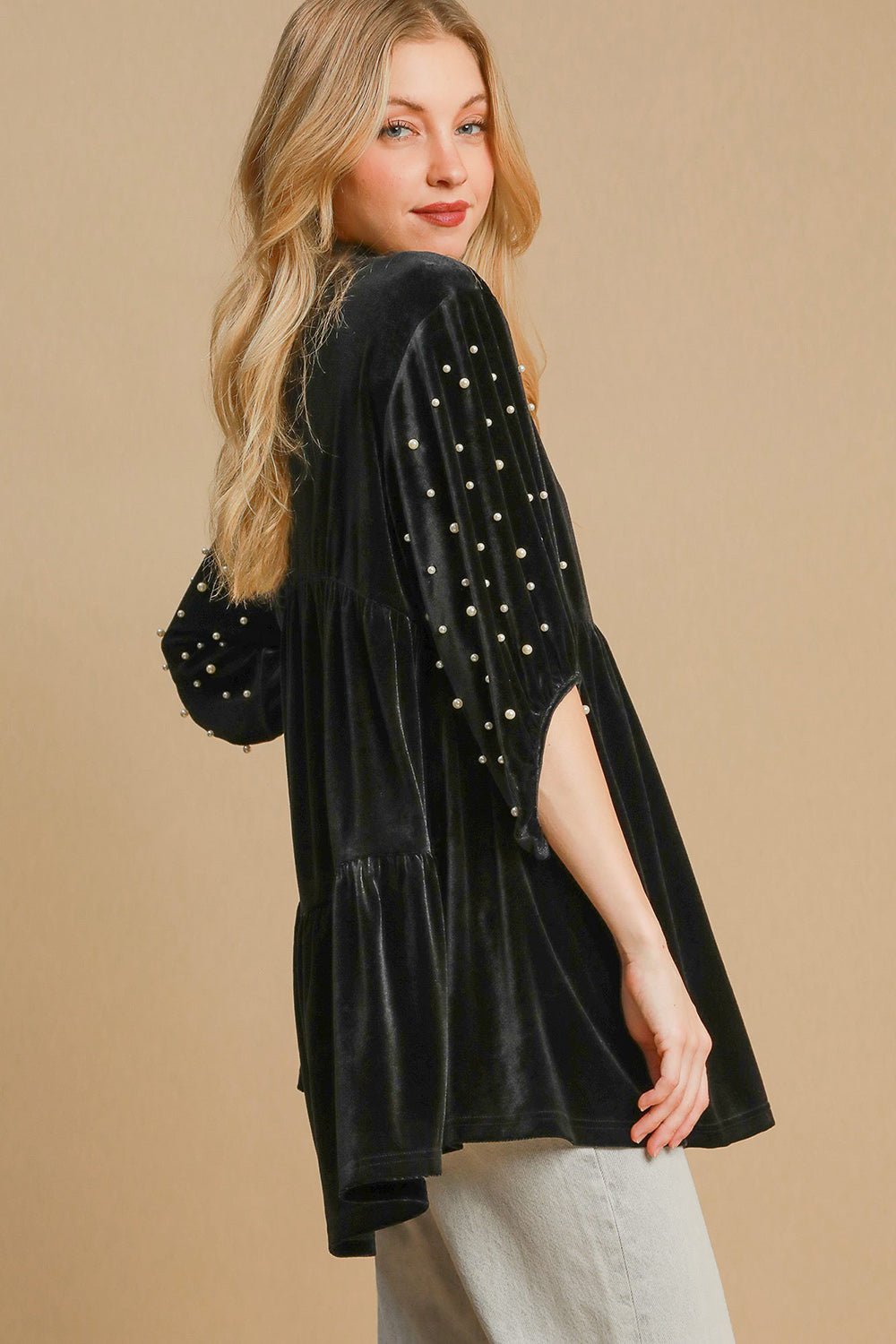 UMGEE - Black Pearl Detail Velvet Babydoll Blouse