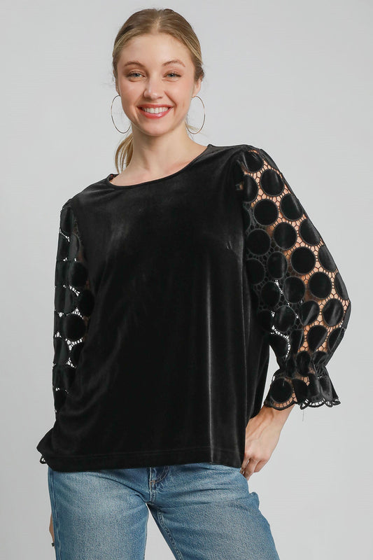 UMGEE - Black Polka Dot Lace Long Sleeve Velvet Blouse