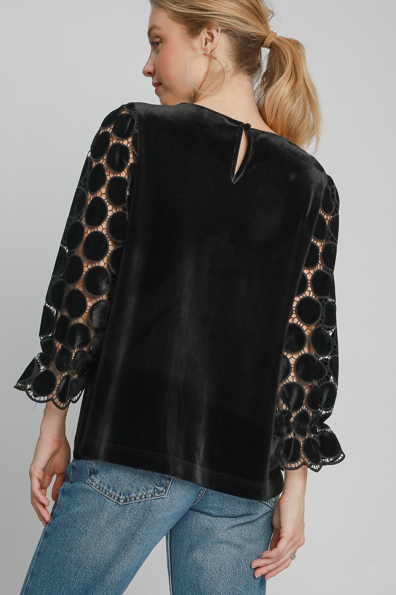 UMGEE - Black Polka Dot Lace Long Sleeve Velvet Blouse