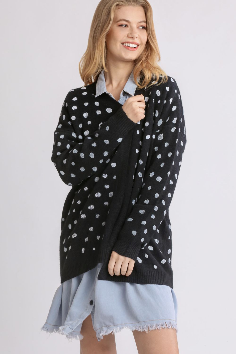 UMGEE - Black Polka Dot Open Front Cardigan