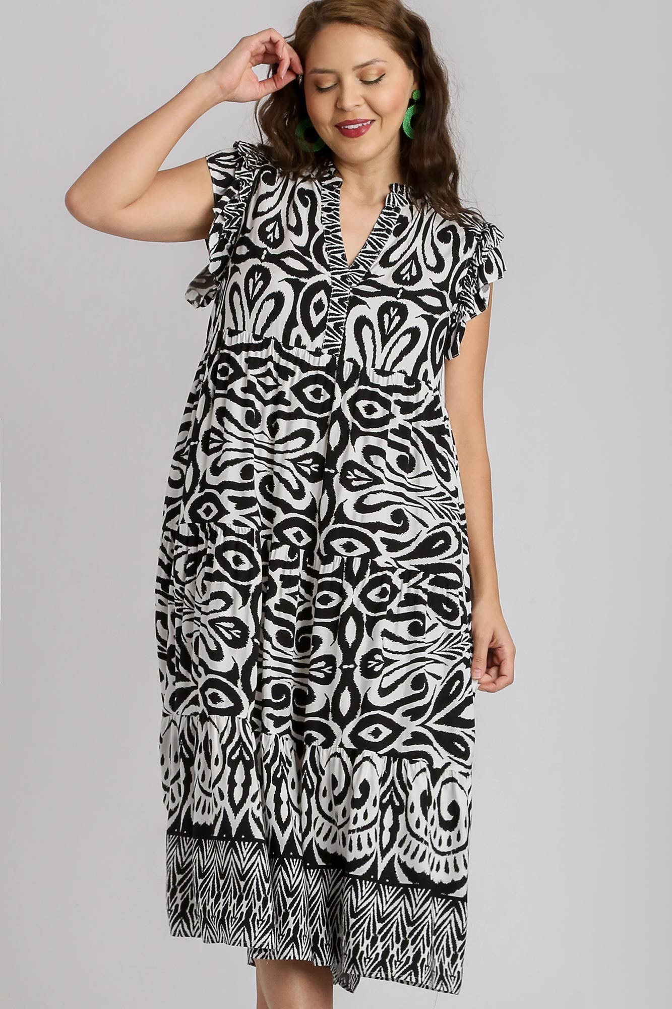 UMGEE - Black Printed Ruffled Cap Sleeve Midi Dress