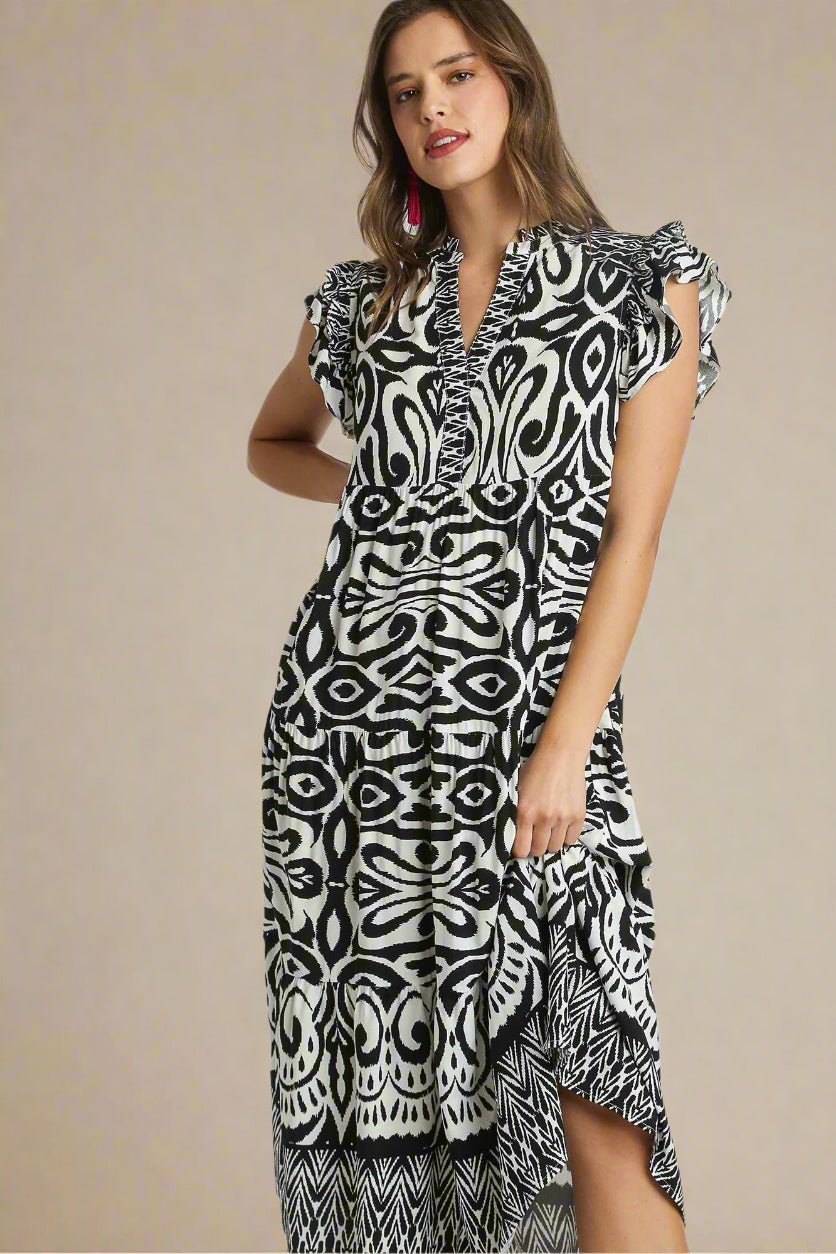 UMGEE - Black Printed Ruffled Cap Sleeve Midi Dress