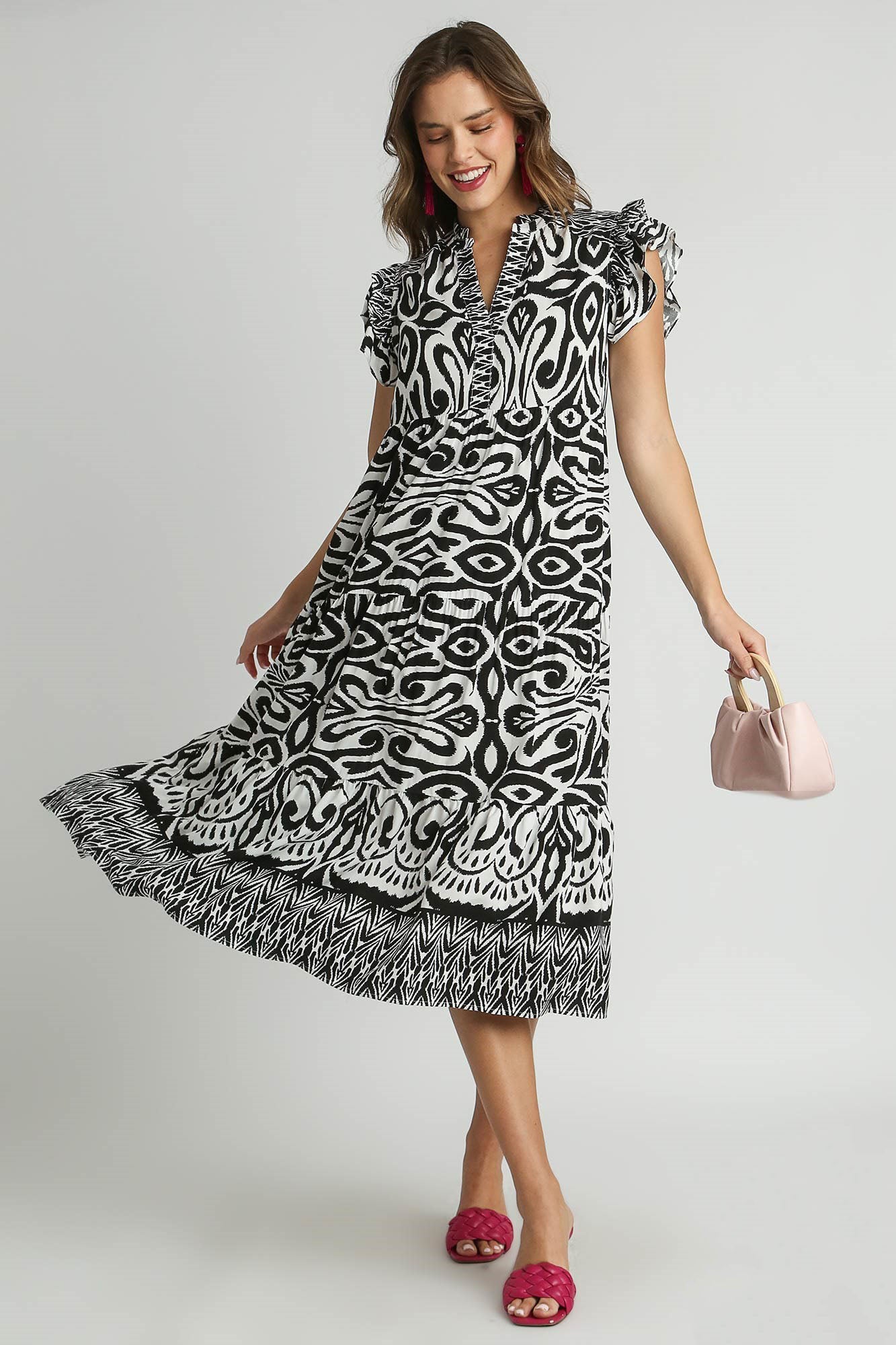 UMGEE - Black Printed Ruffled Cap Sleeve Midi Dress