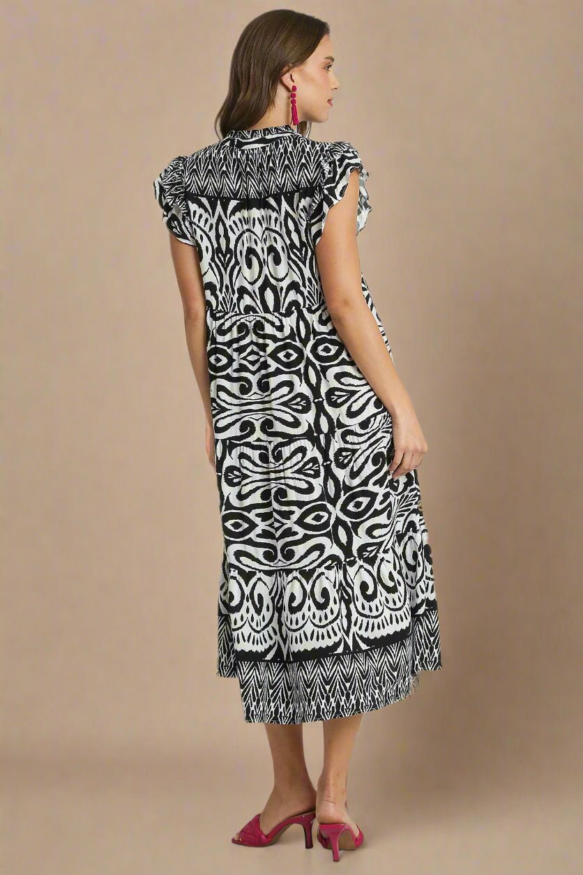 UMGEE - Black Printed Ruffled Cap Sleeve Midi Dress