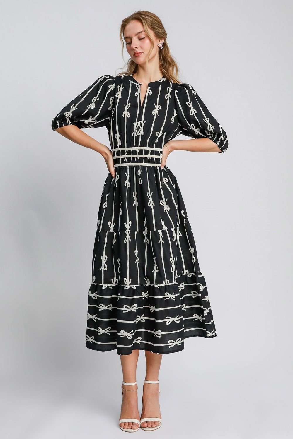 UMGEE - Black Ribbon Print Velvet Trim Half Sleeve Midi Dress