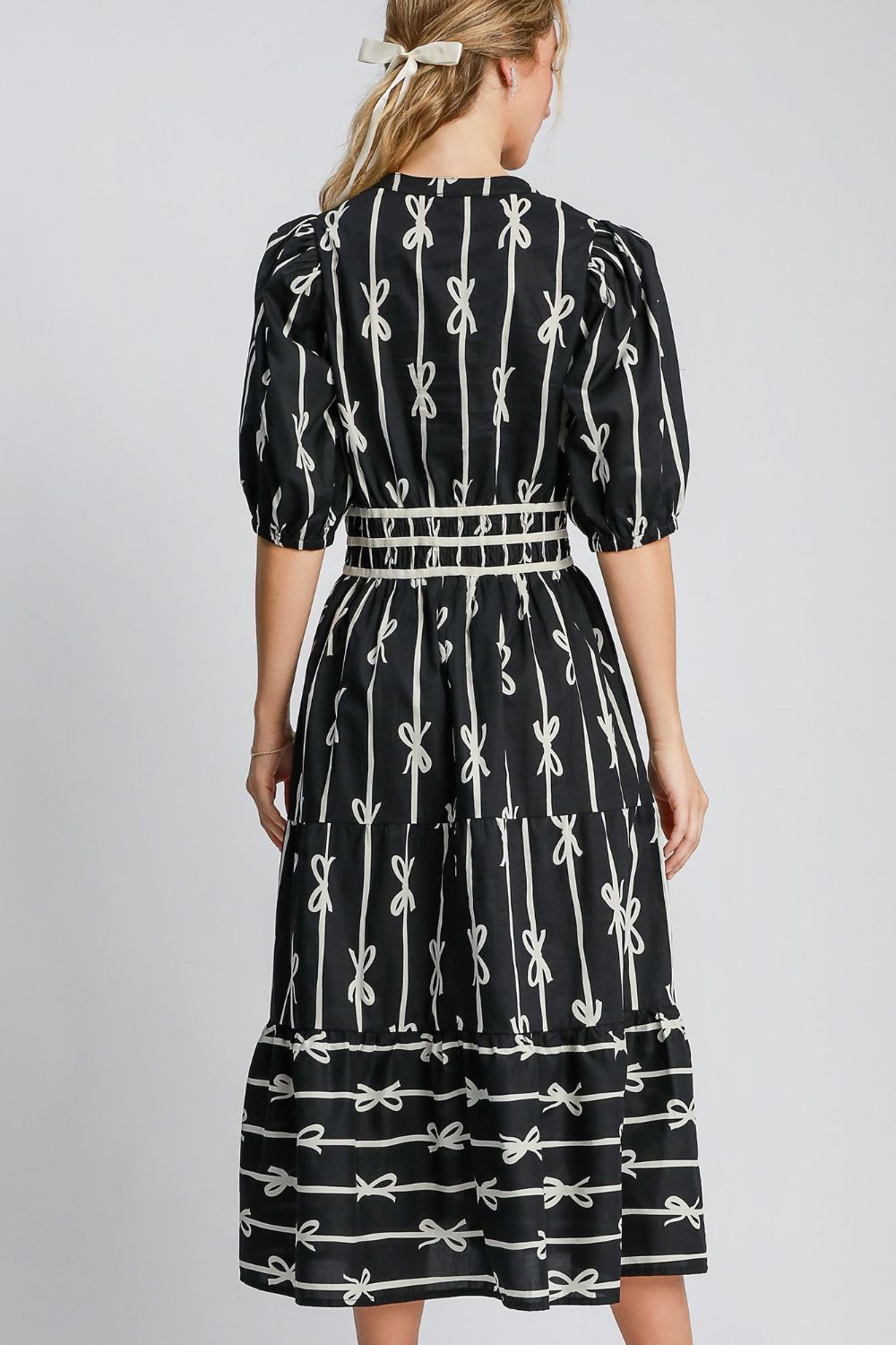 UMGEE - Black Ribbon Print Velvet Trim Half Sleeve Midi Dress