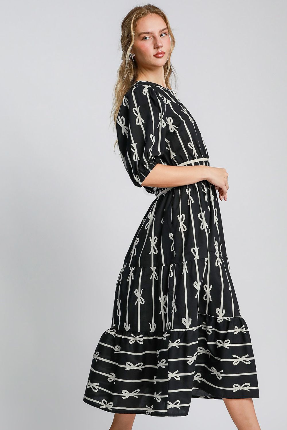 UMGEE - Black Ribbon Print Velvet Trim Half Sleeve Midi Dress