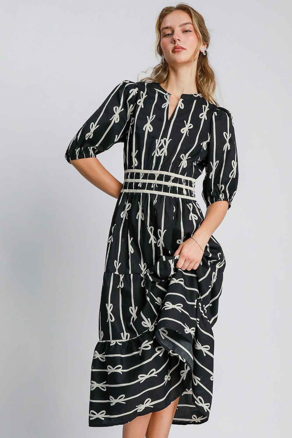 UMGEE - Black Ribbon Print Velvet Trim Half Sleeve Midi Dress