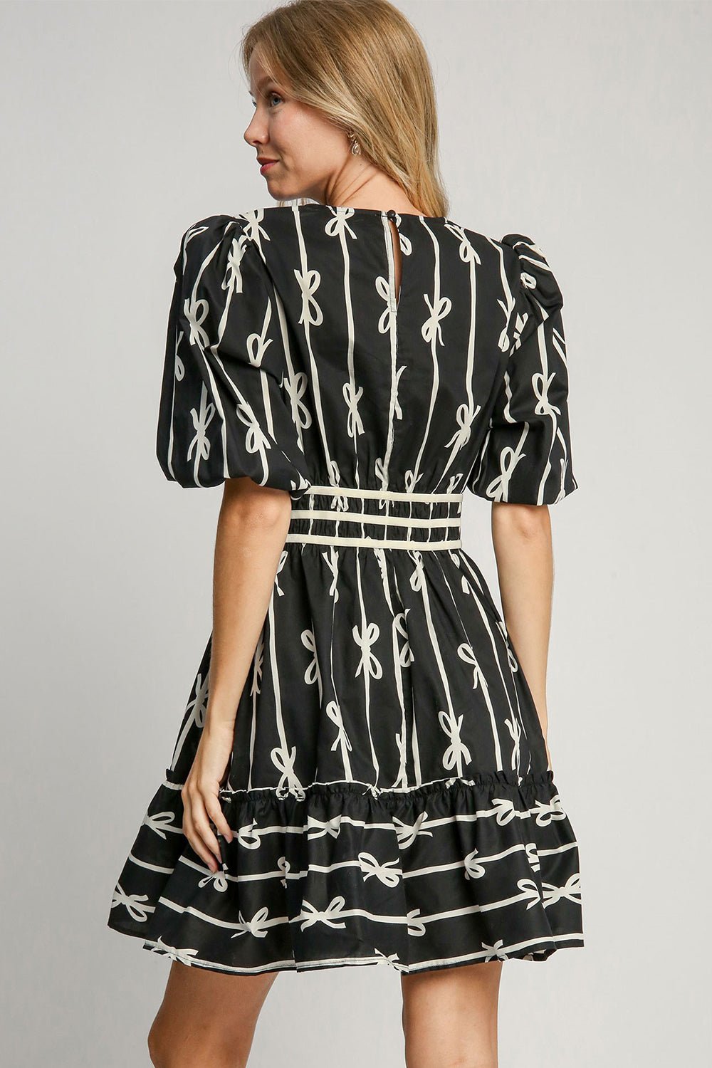 UMGEE - Black Ribbon Print Velvet Trim Half Sleeve Mini Dress