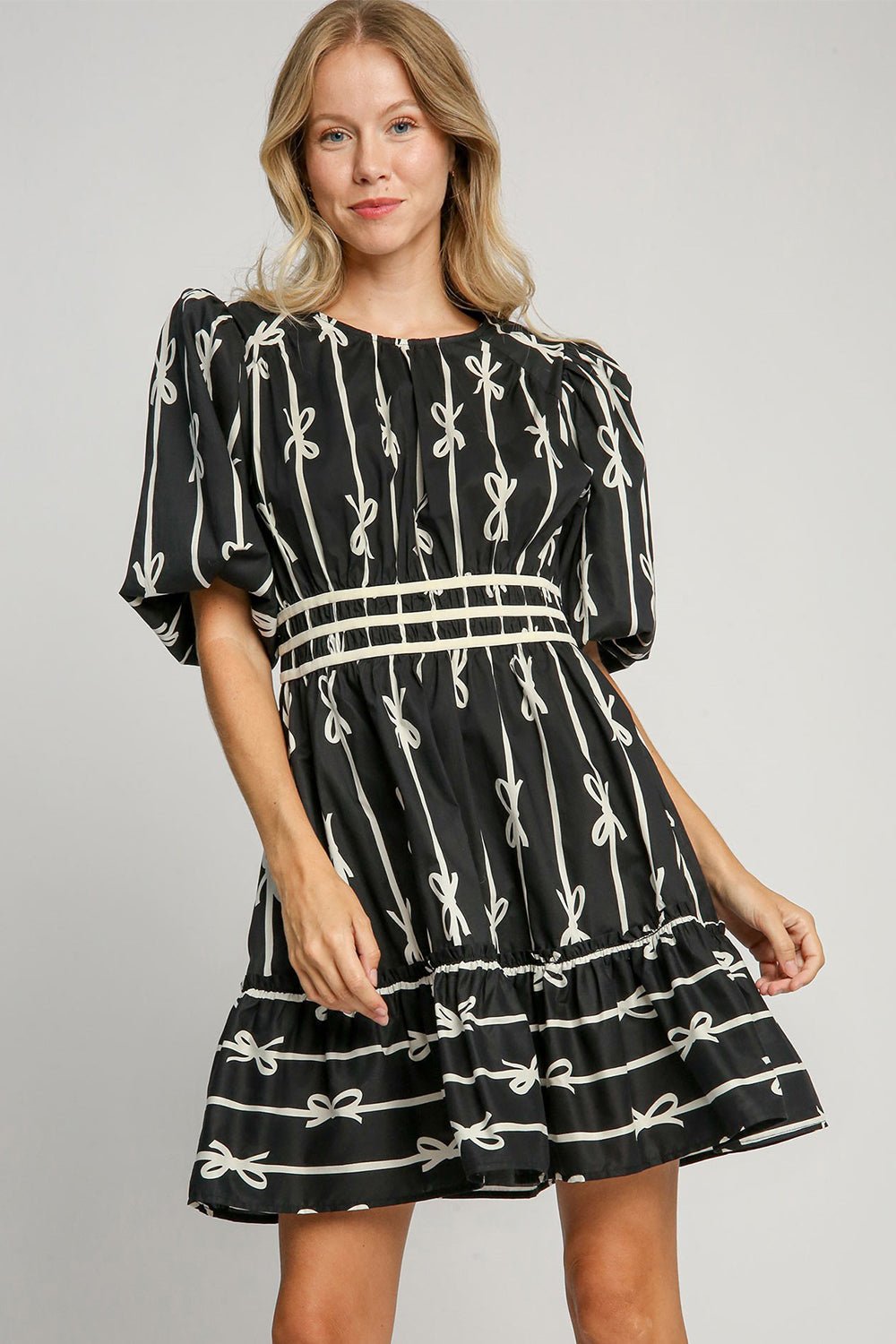 UMGEE - Black Ribbon Print Velvet Trim Half Sleeve Mini Dress