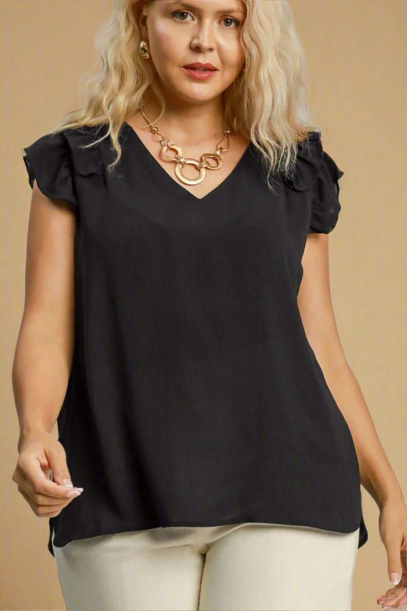 UMGEE - Black Ruffle Sleeve V - Neck Blouse