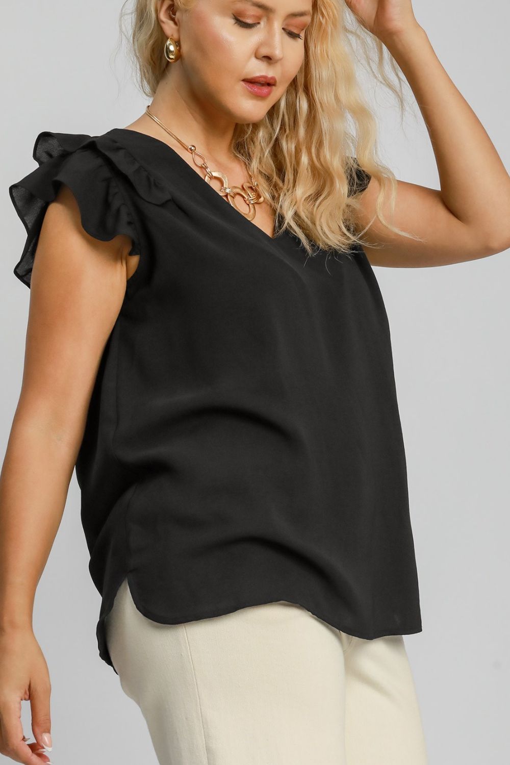 UMGEE - Black Ruffle Sleeve V - Neck Blouse