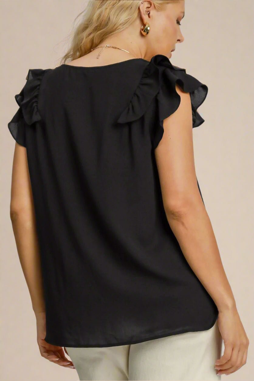 UMGEE - Black Ruffle Sleeve V - Neck Blouse