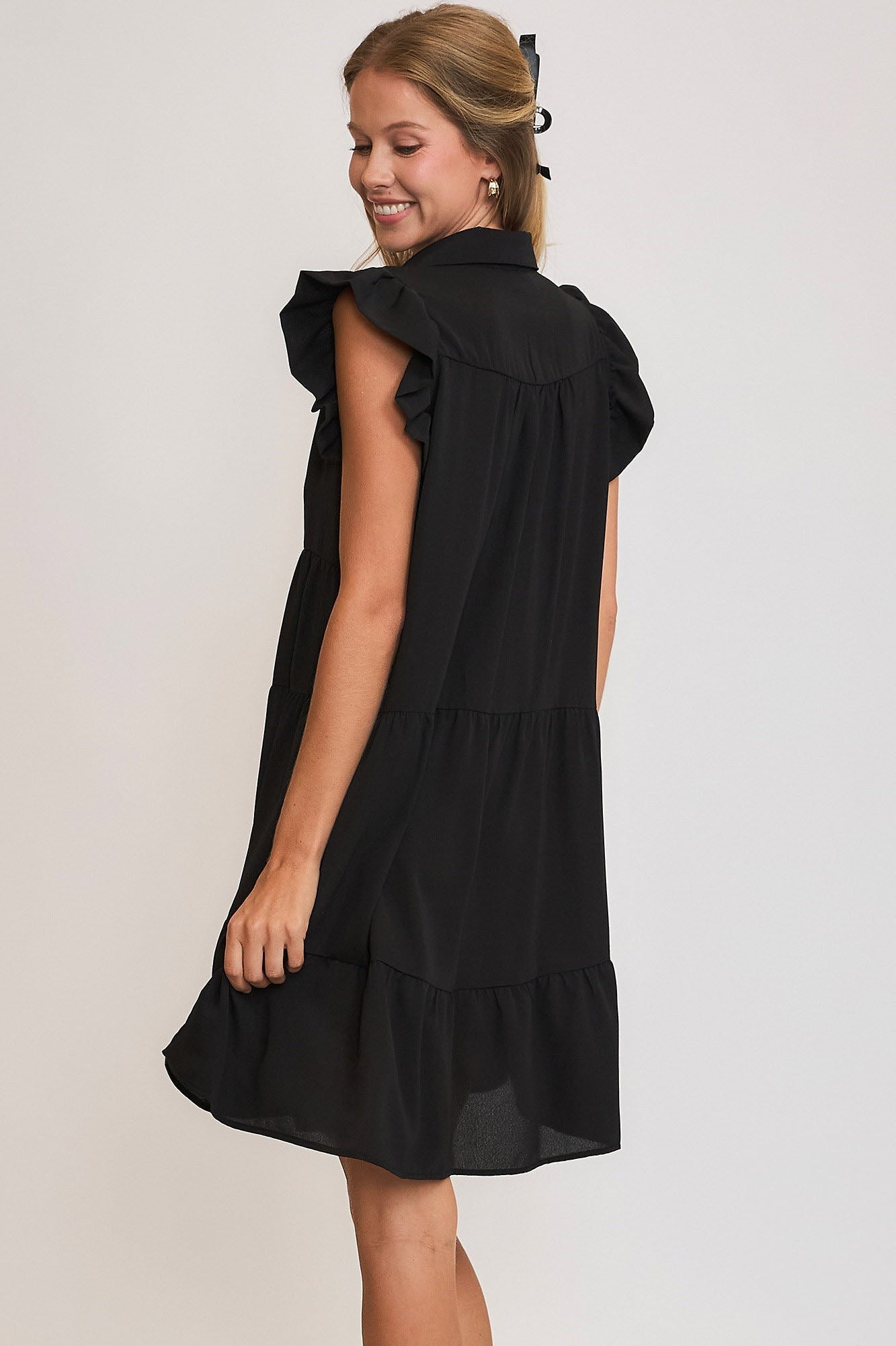 UMGEE - Black Ruffled Cap Sleeve Tiered Mini Dress