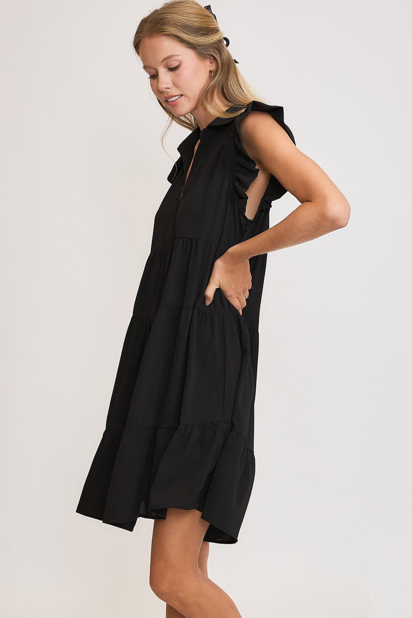 UMGEE - Black Ruffled Cap Sleeve Tiered Mini Dress