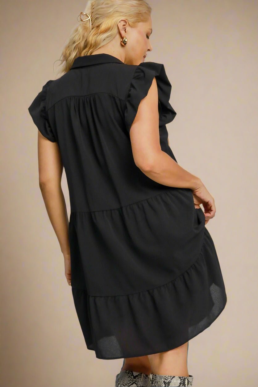UMGEE - Black Ruffled Cap Sleeve Tiered Mini Dress