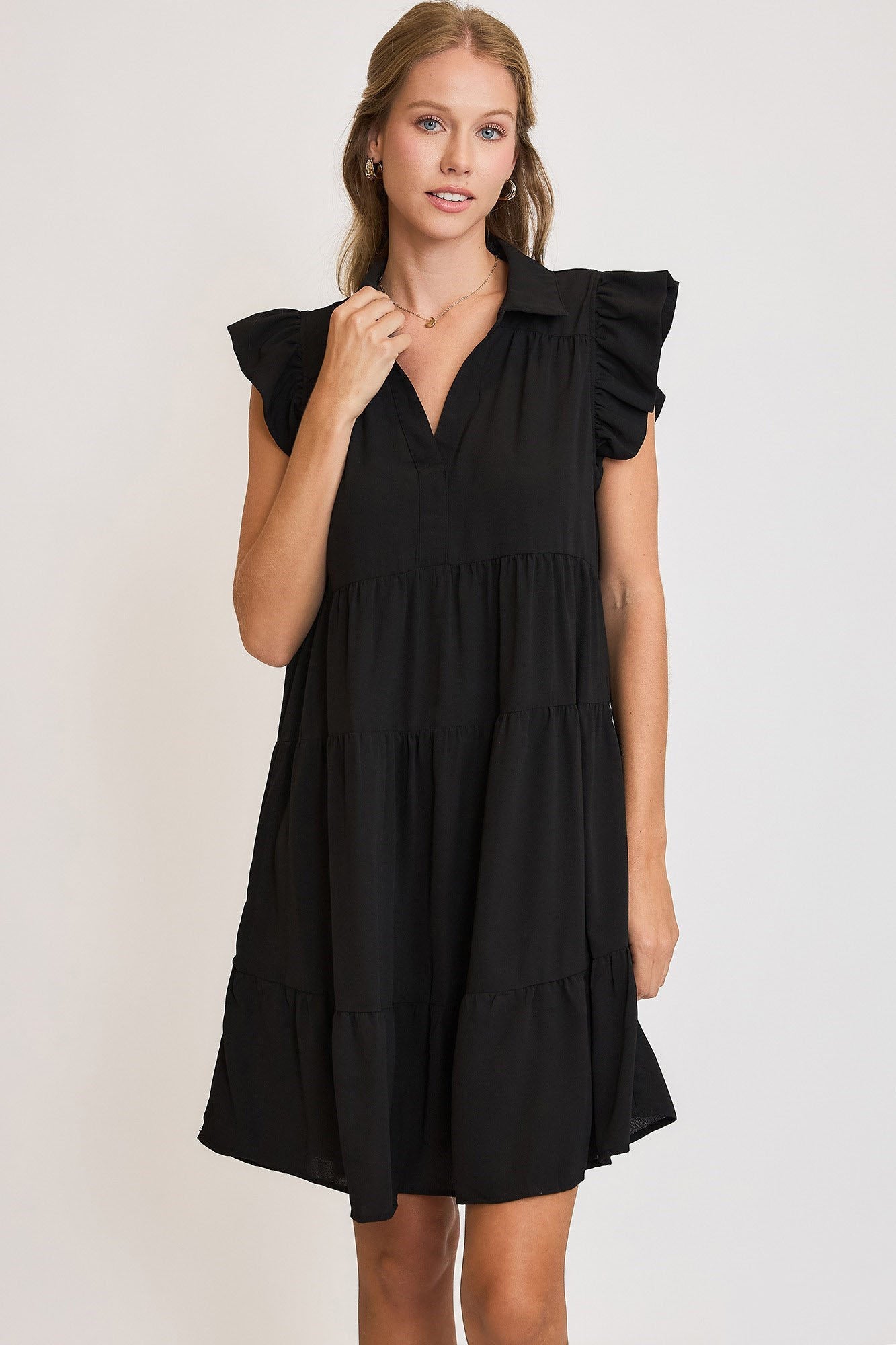 UMGEE - Black Ruffled Cap Sleeve Tiered Mini Dress