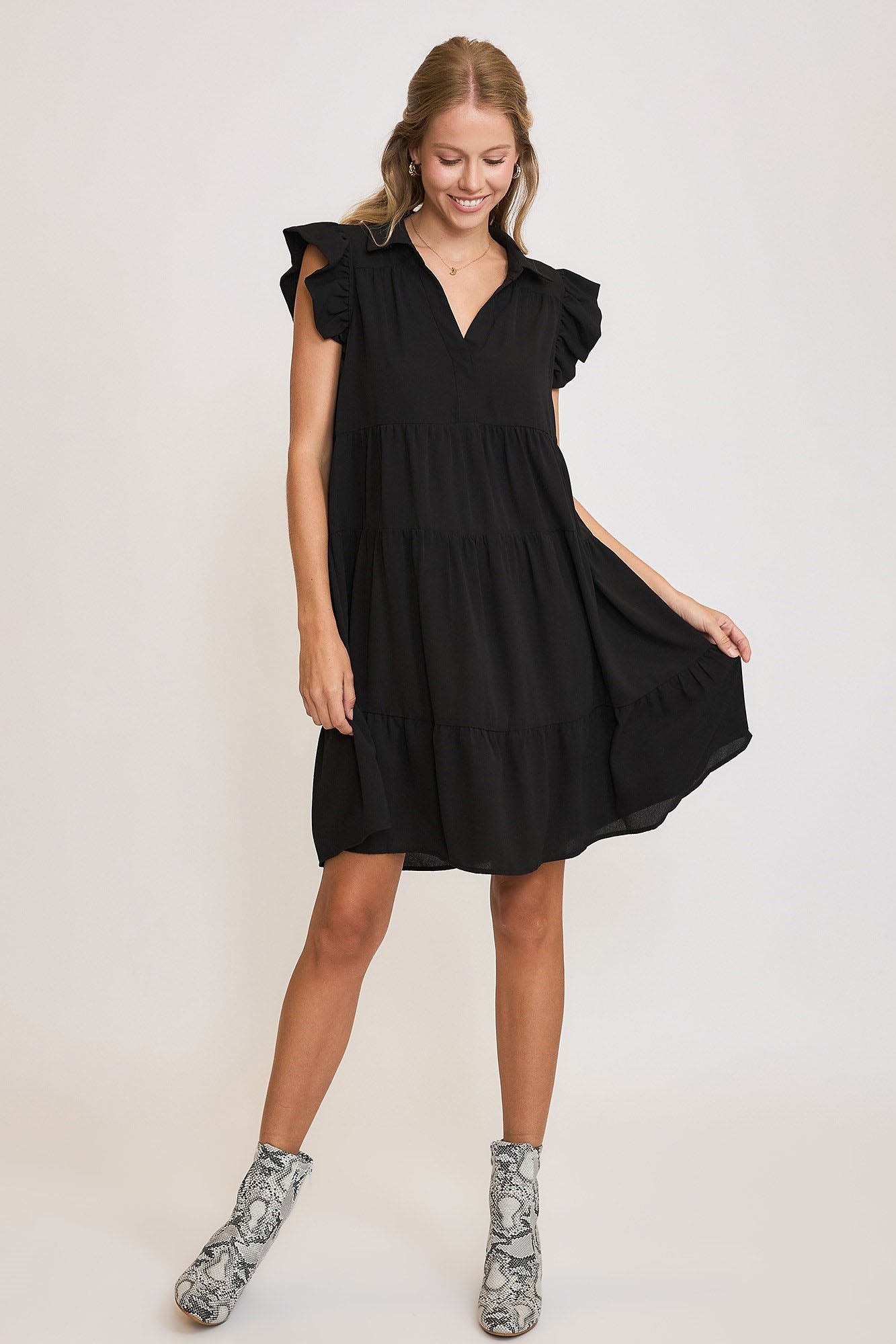 UMGEE - Black Ruffled Cap Sleeve Tiered Mini Dress
