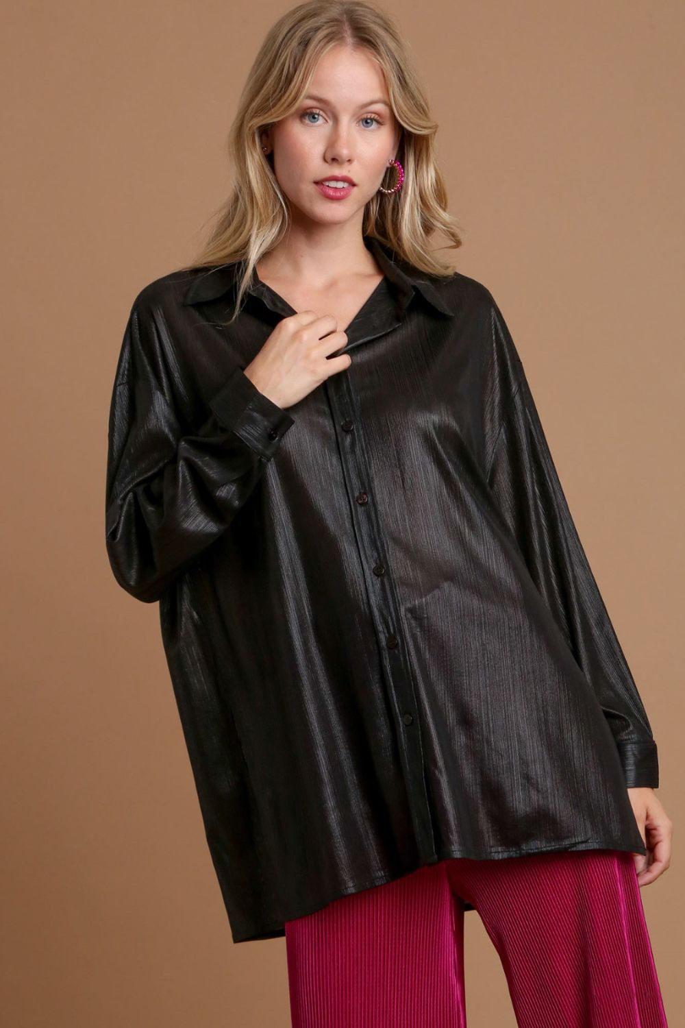 UMGEE - Black Satin Long Sleeve Tunic Shirt