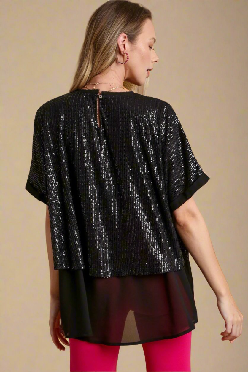 UMGEE - Black Sequined Short Sleeve Layered Blouse