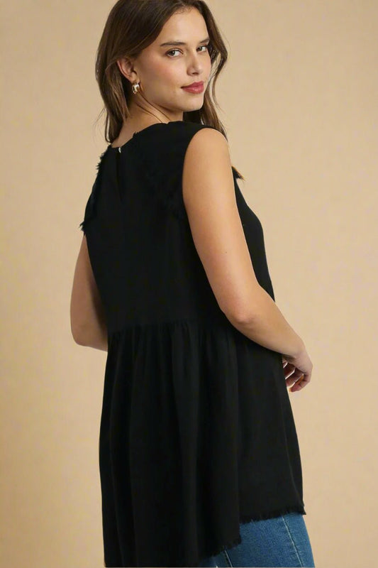 UMGEE - Black Sleeveless Frayed Babydoll Top