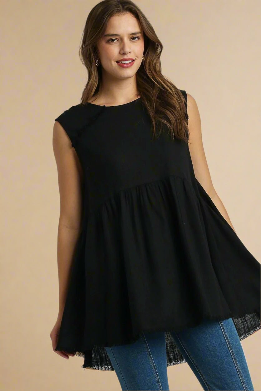 UMGEE - Black Sleeveless Frayed Babydoll Top