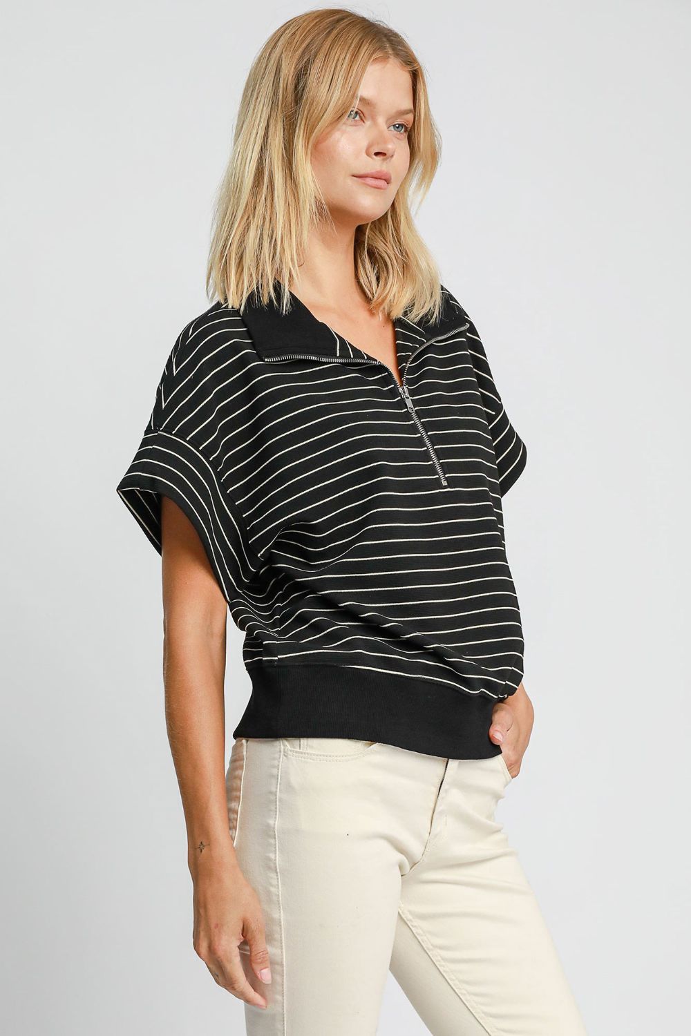 UMGEE - Black Striped Half Zip Short Sleeve Sweatshirt