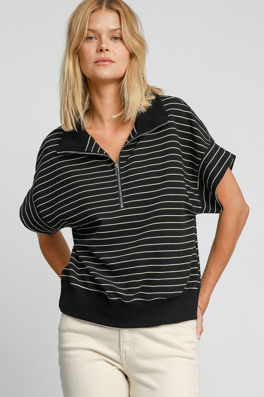 UMGEE - Black Striped Half Zip Short Sleeve Sweatshirt