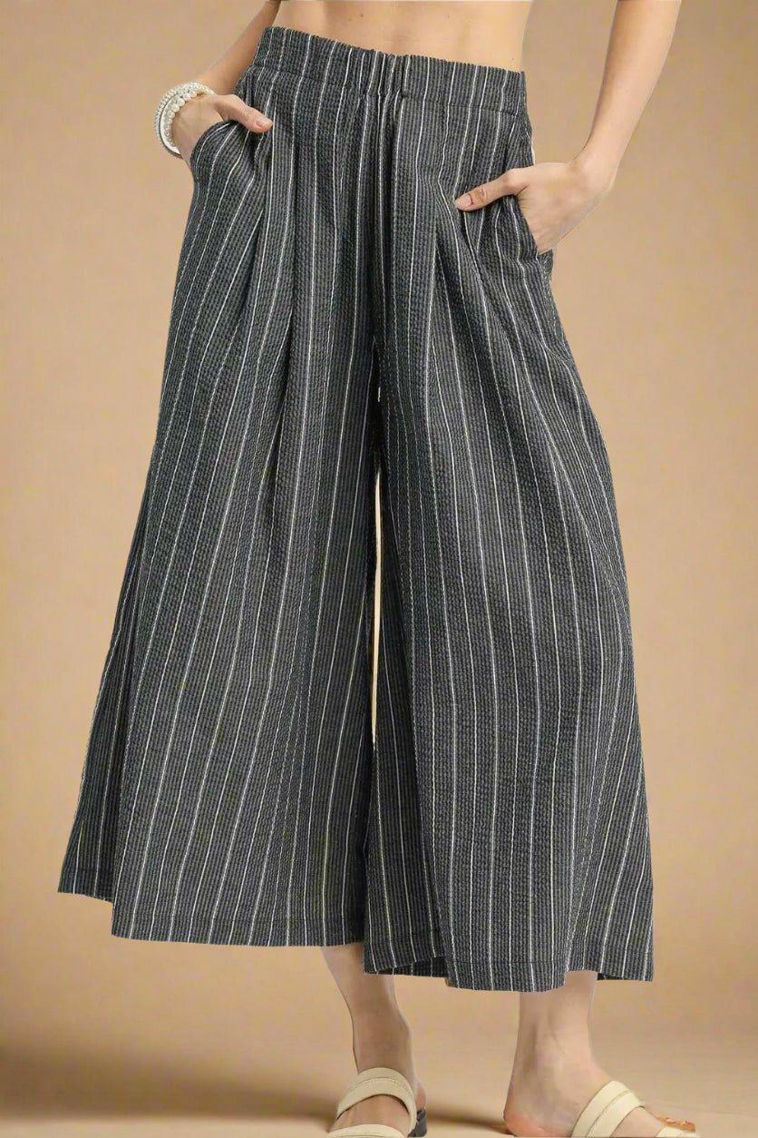 UMGEE - Black Striped Wide Leg Pants with Pockets