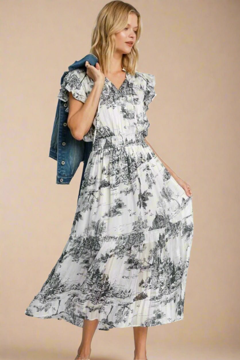 UMGEE - Black Toile Ruffle Sleeve Midi Dress