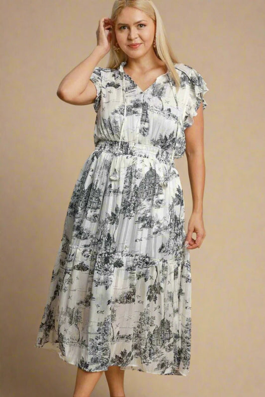 UMGEE - Black Toile Ruffle Sleeve Midi Dress