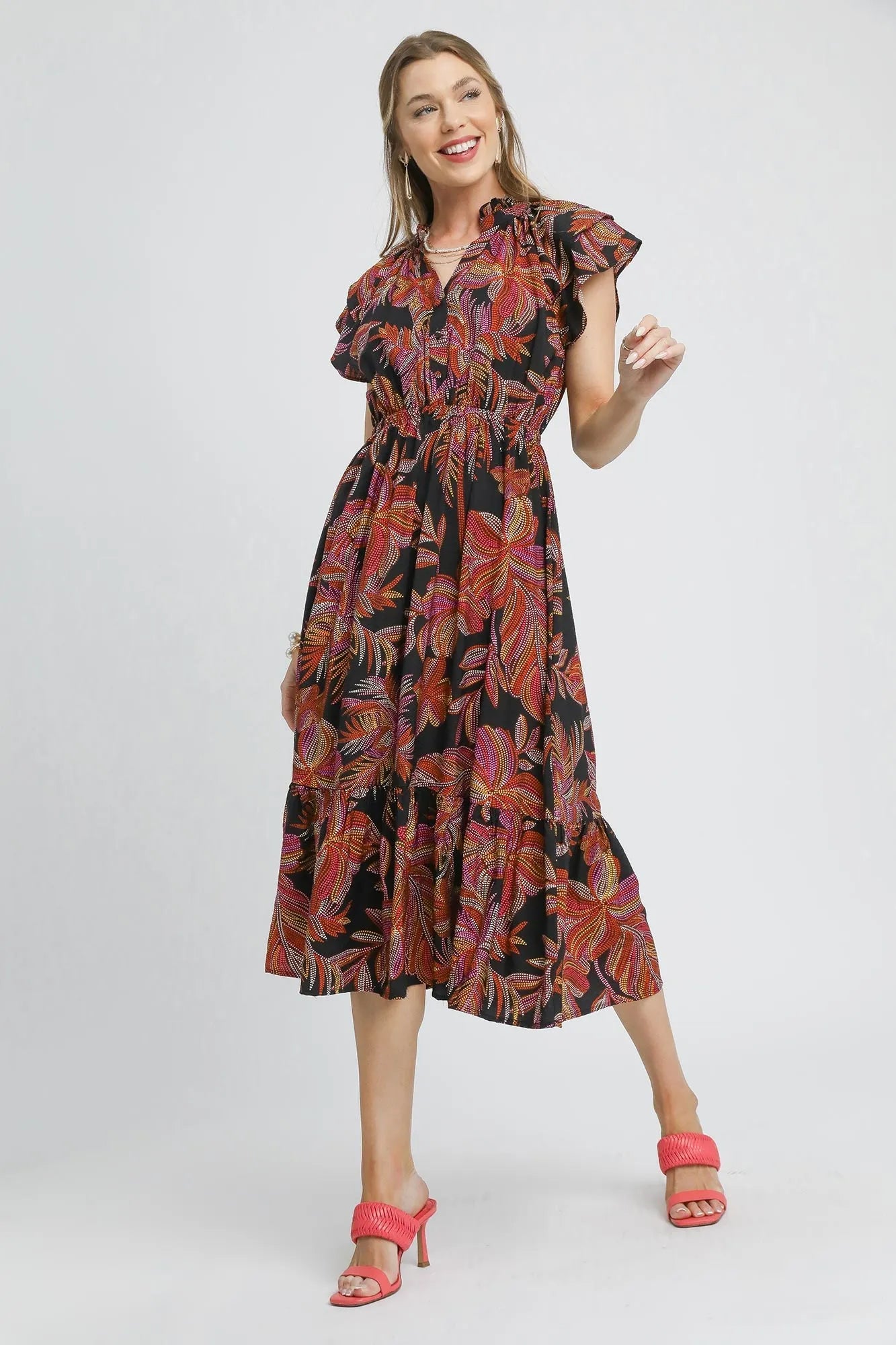 UMGEE - Black Tropical Print Ruffle Midi Dress