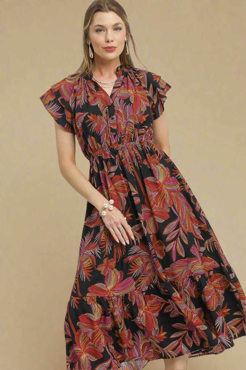 UMGEE - Black Tropical Print Ruffle Midi Dress