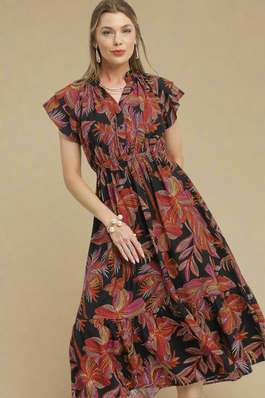UMGEE - Black Tropical Print Ruffle Midi Dress