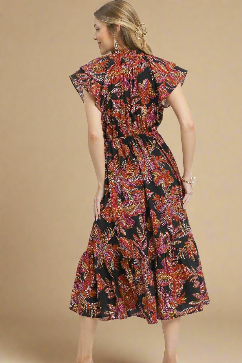 UMGEE - Black Tropical Print Ruffle Midi Dress