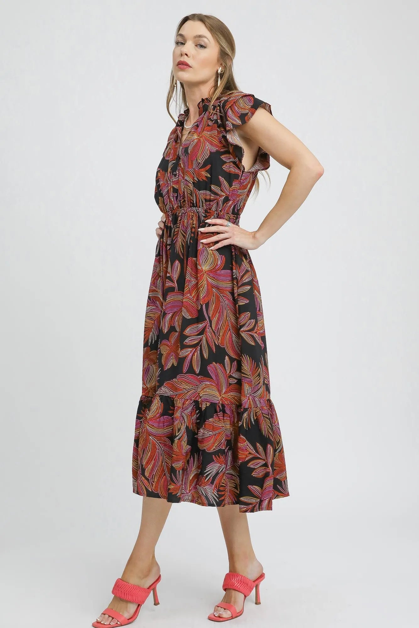 UMGEE - Black Tropical Print Ruffle Midi Dress