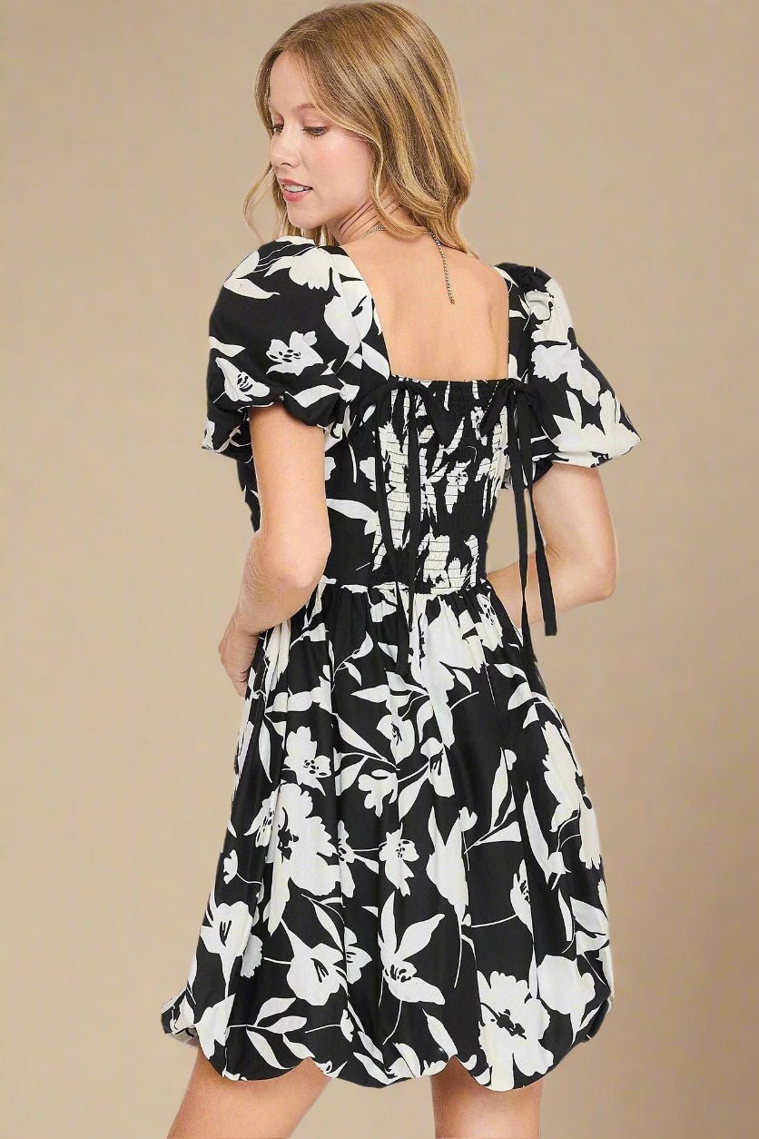 UMGEE - Black & White Monochrome Floral Puff Sleeve Mini Dress