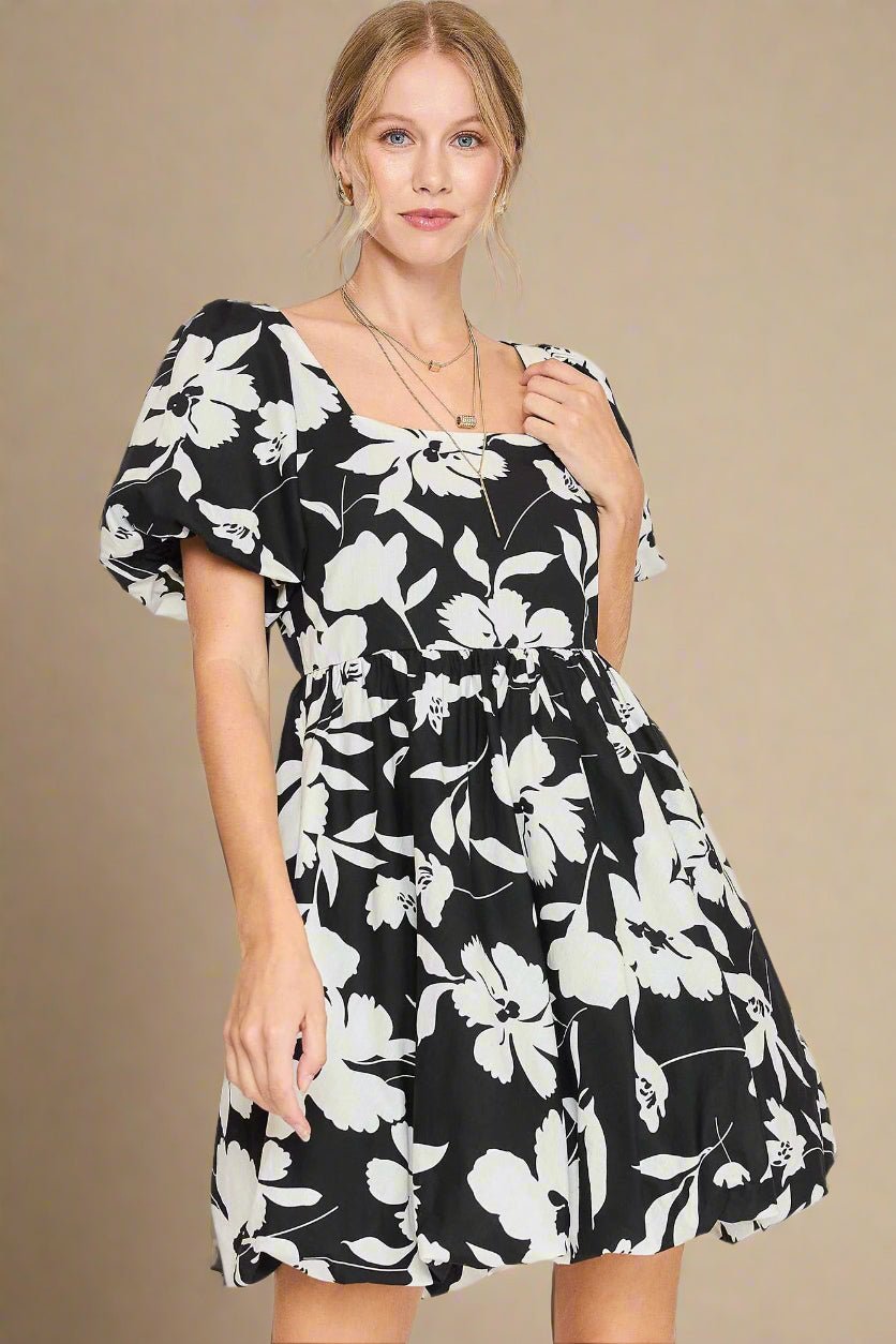 UMGEE - Black & White Monochrome Floral Puff Sleeve Mini Dress