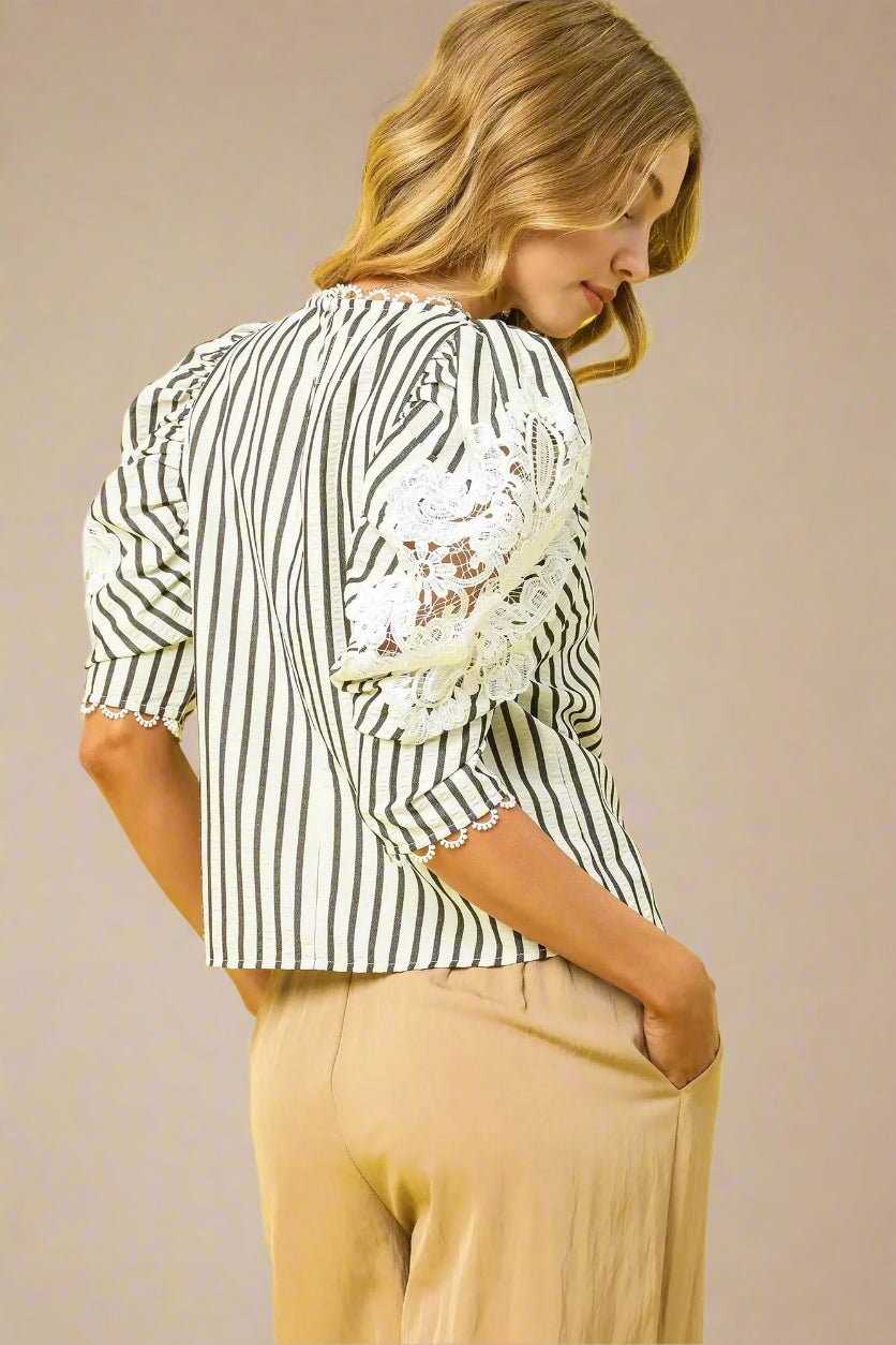 UMGEE - Black & White Striped Puff Sleeve Lace Top