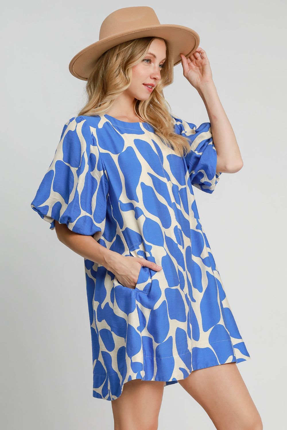 UMGEE - Blue Abstract Print Puff Mini Sleeve Dress