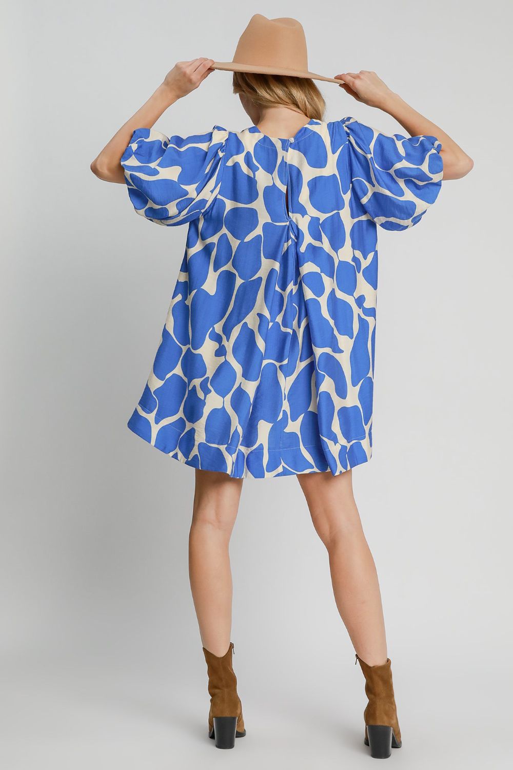 UMGEE - Blue Abstract Print Puff Mini Sleeve Dress