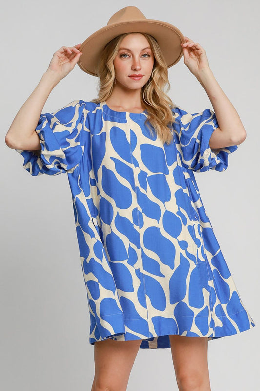 UMGEE - Blue Abstract Print Puff Mini Sleeve Dress