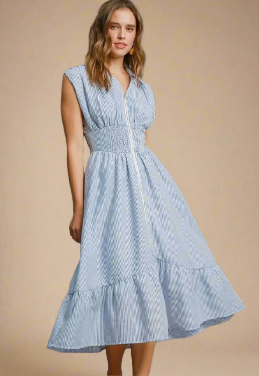 UMGEE - Blue and White Pinstripe Zip - Front Midi Dress