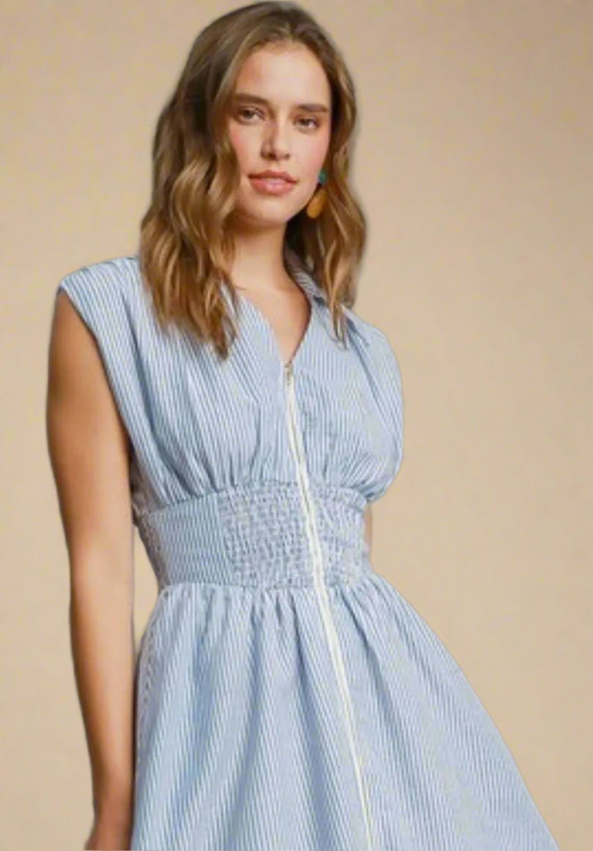 UMGEE - Blue and White Pinstripe Zip - Front Midi Dress