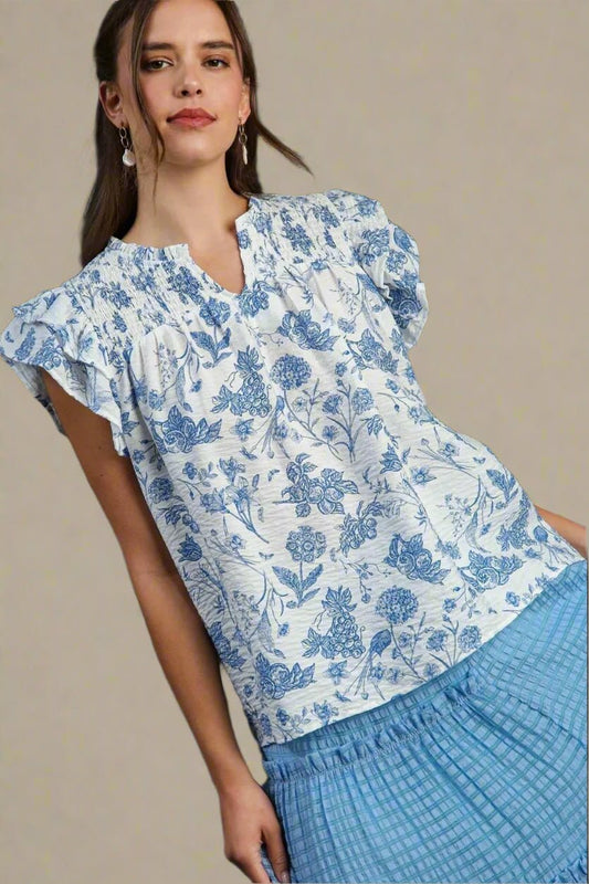 UMGEE - Blue Botanical Ruffle Sleeve Top