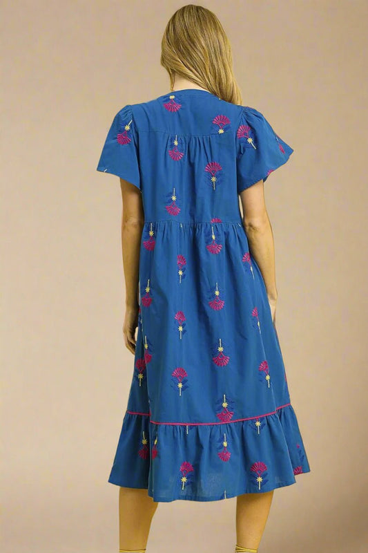 UMGEE - Blue Embroidered Flutter Sleeve Midi Dress