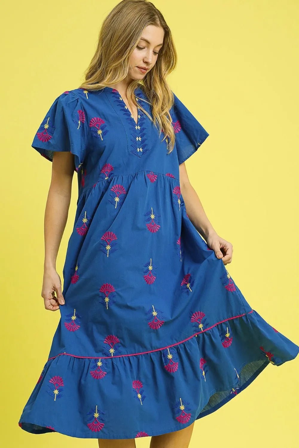 UMGEE - Blue Embroidered Flutter Sleeve Midi Dress